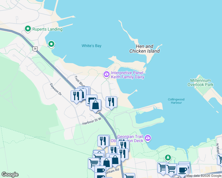 map of restaurants, bars, coffee shops, grocery stores, and more near 317 Cranberry Quay in Collingwood