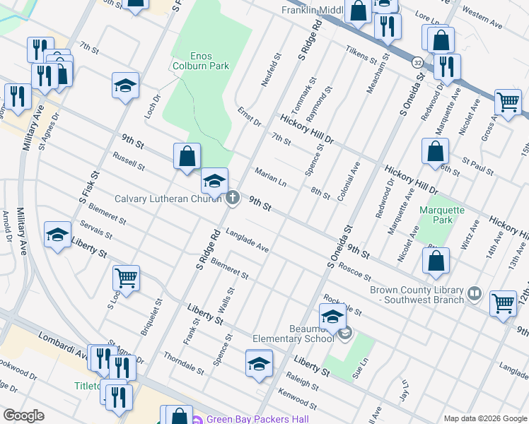 map of restaurants, bars, coffee shops, grocery stores, and more near 1261 9th Street in Green Bay