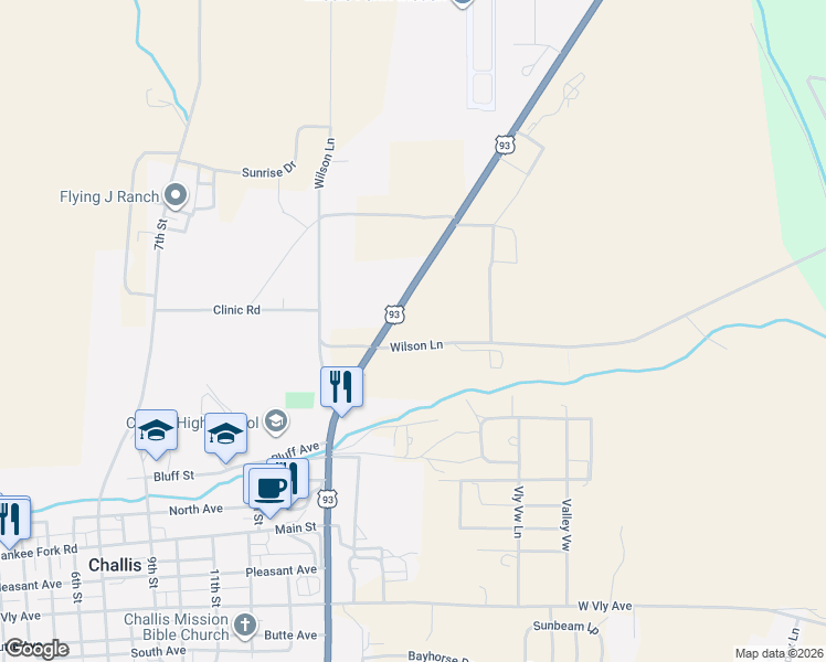 map of restaurants, bars, coffee shops, grocery stores, and more near Wilson Lane in Challis