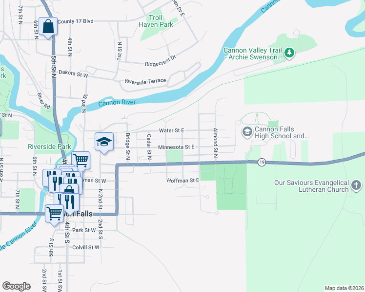 map of restaurants, bars, coffee shops, grocery stores, and more near Minnesota Street West in Cannon Falls