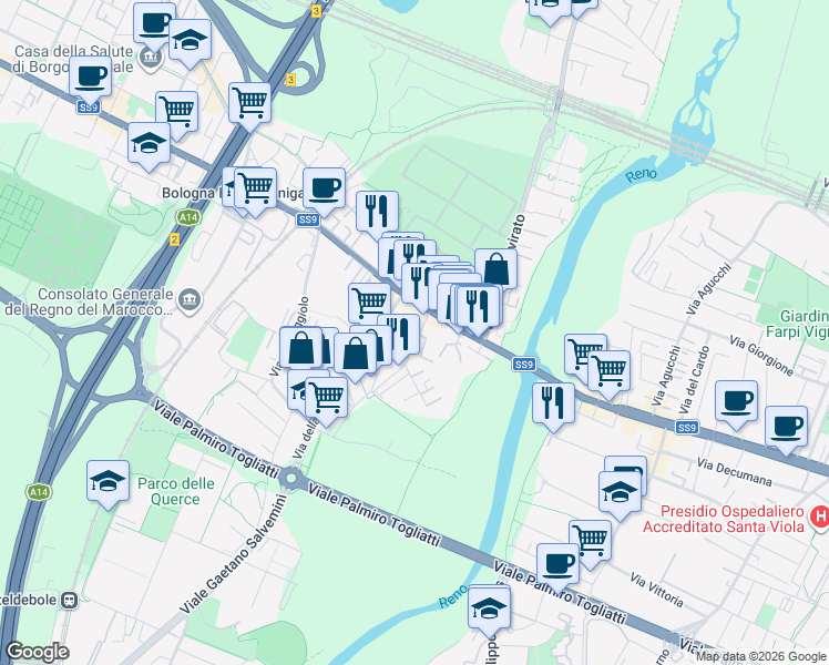 map of restaurants, bars, coffee shops, grocery stores, and more near 9 Via del Greto in Bologna