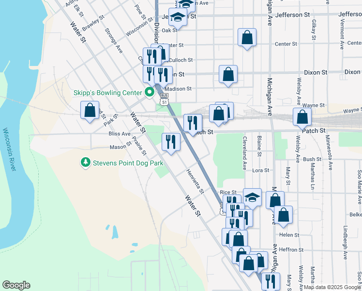 map of restaurants, bars, coffee shops, grocery stores, and more near 1117 Francis Street in Stevens Point