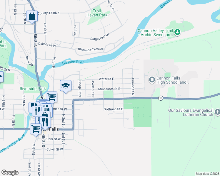 map of restaurants, bars, coffee shops, grocery stores, and more near 410 Minnesota Street East in Cannon Falls