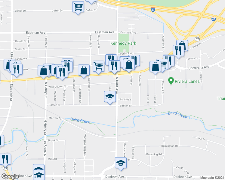 map of restaurants, bars, coffee shops, grocery stores, and more near 545 Spinnaker Lane in Green Bay