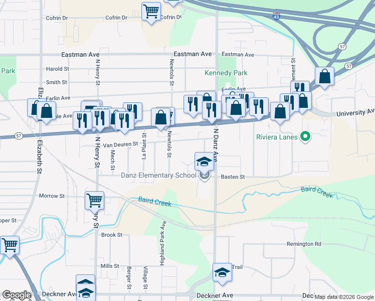 map of restaurants, bars, coffee shops, grocery stores, and more near 2060 Van Deuren Street in Green Bay