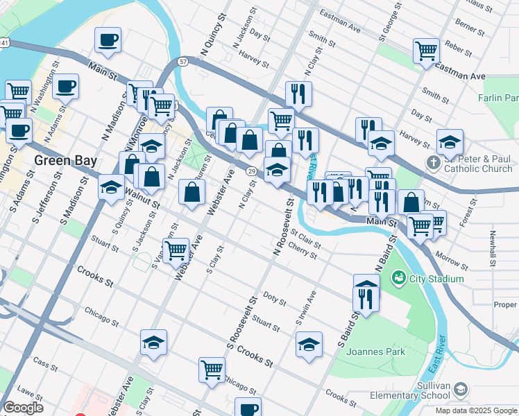 map of restaurants, bars, coffee shops, grocery stores, and more near 1109 Cherry Street in Green Bay