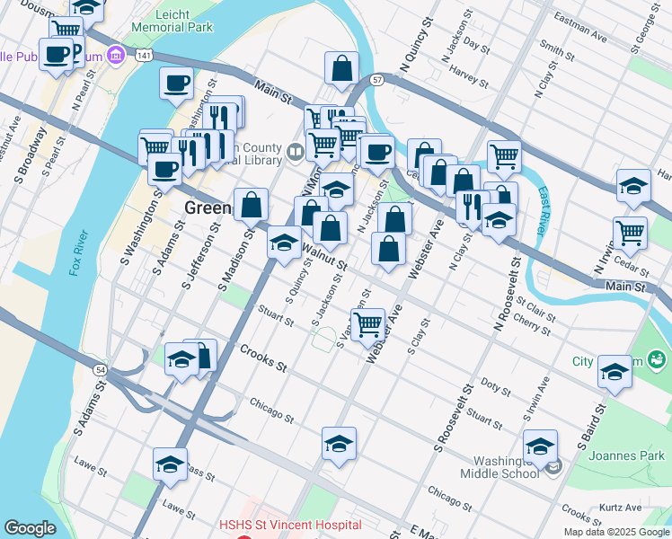 map of restaurants, bars, coffee shops, grocery stores, and more near 114 South Jackson Street in Green Bay