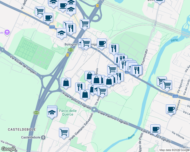 map of restaurants, bars, coffee shops, grocery stores, and more near 1 Via Francesco de Sanctis in Bologna