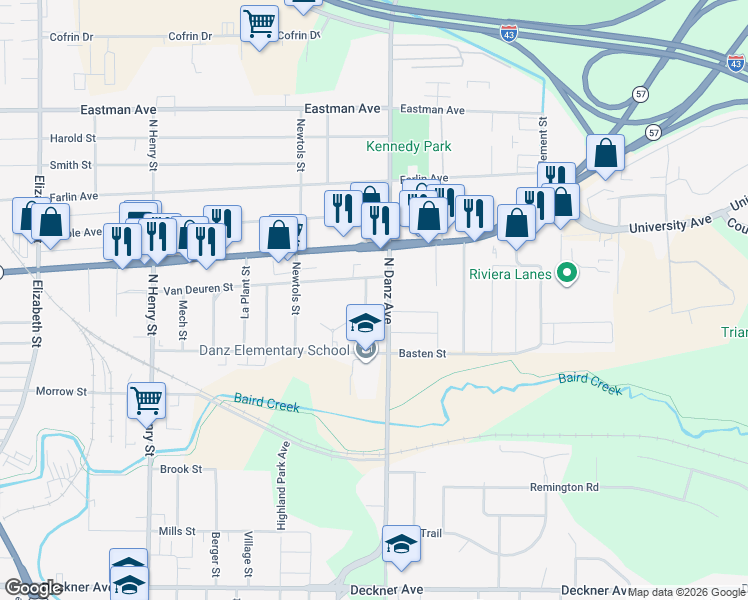 map of restaurants, bars, coffee shops, grocery stores, and more near 548 Spinnaker Lane in Green Bay