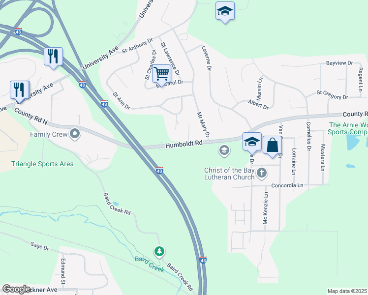 map of restaurants, bars, coffee shops, grocery stores, and more near 2884 Humboldt Road in Green Bay