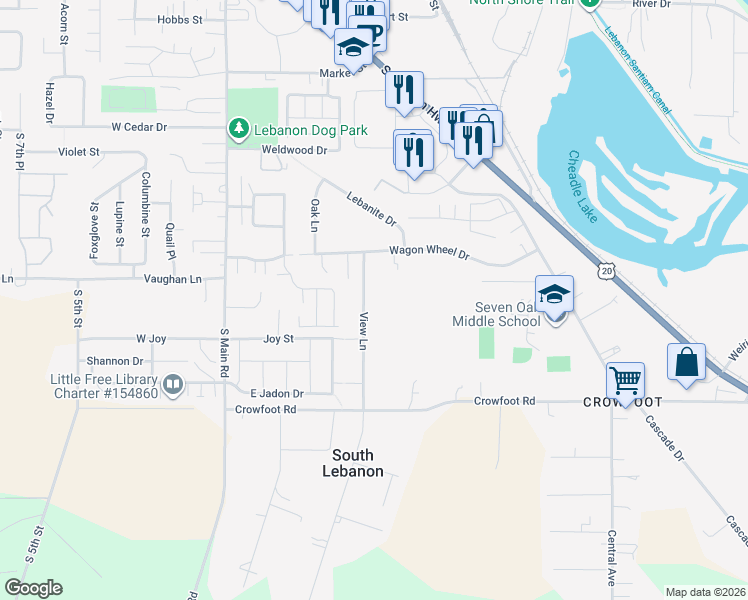 map of restaurants, bars, coffee shops, grocery stores, and more near 215 View Lane in Lebanon