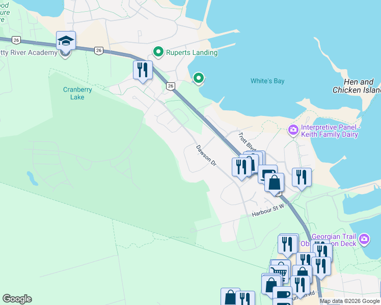 map of restaurants, bars, coffee shops, grocery stores, and more near 547 Oxbow Crescent in Collingwood