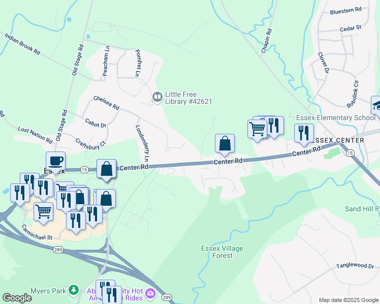map of restaurants, bars, coffee shops, grocery stores, and more near 58 Center Road in Essex