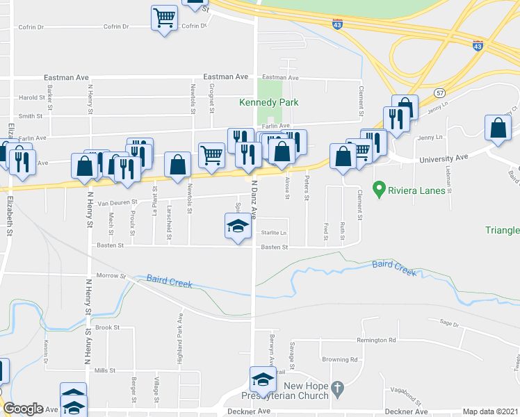 map of restaurants, bars, coffee shops, grocery stores, and more near 2201 Maccaux Drive in Green Bay
