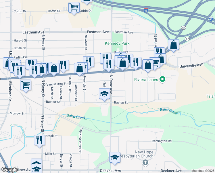 map of restaurants, bars, coffee shops, grocery stores, and more near 545 Spinnaker Lane in Green Bay