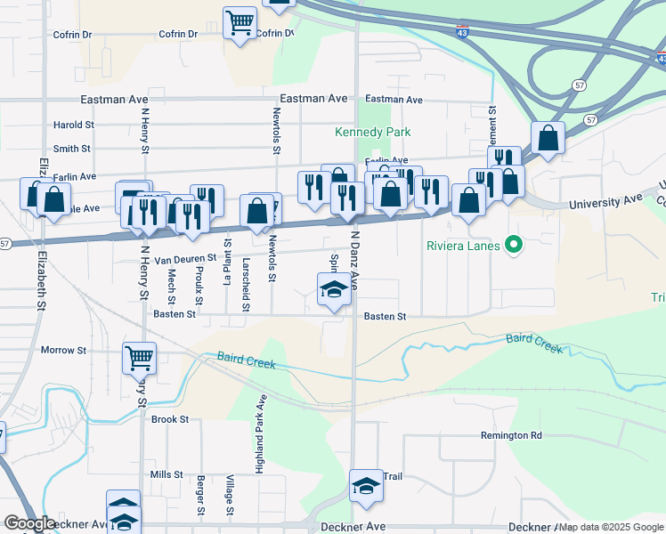 map of restaurants, bars, coffee shops, grocery stores, and more near 545 Spinnaker Lane in Green Bay