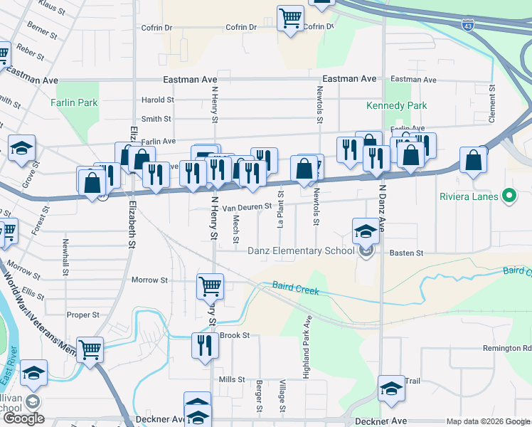 map of restaurants, bars, coffee shops, grocery stores, and more near 552 Proulx Street in Green Bay