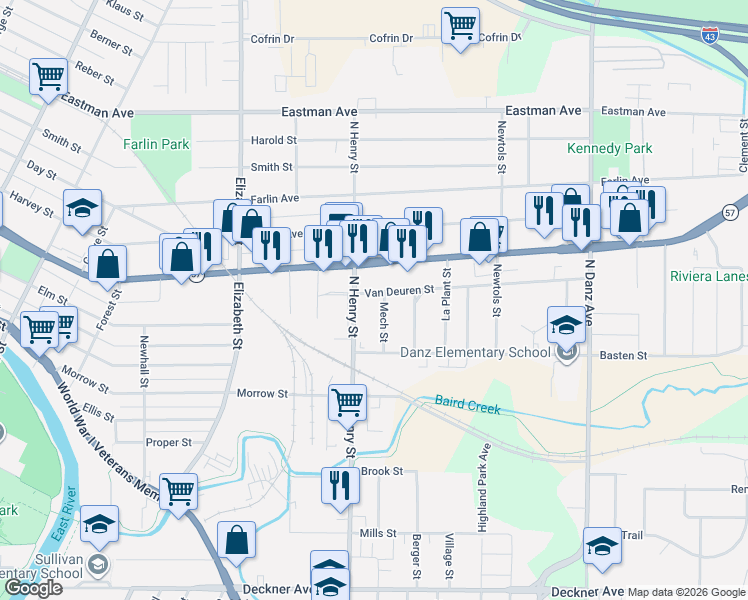 map of restaurants, bars, coffee shops, grocery stores, and more near 548 Mech Street in Green Bay