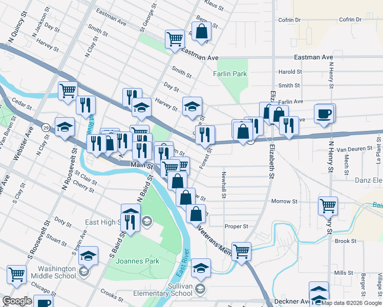 map of restaurants, bars, coffee shops, grocery stores, and more near 1440 Elm Street in Green Bay
