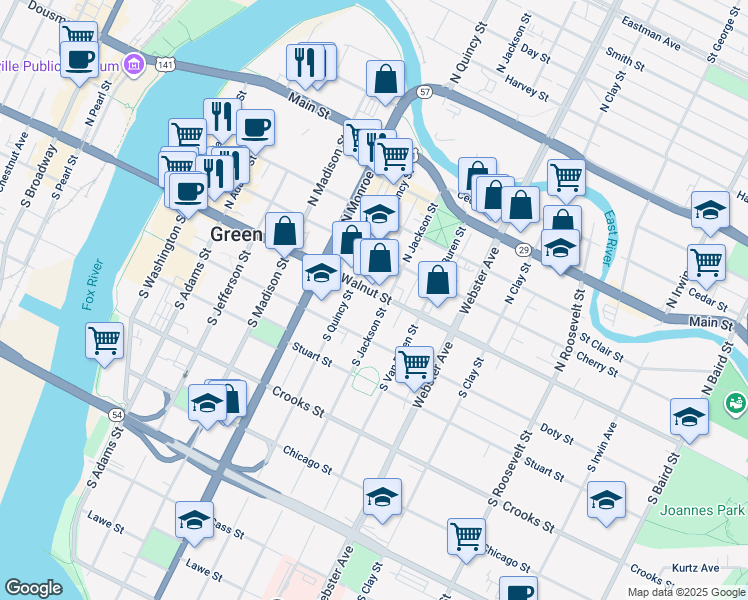 map of restaurants, bars, coffee shops, grocery stores, and more near 114 South Jackson Street in Green Bay