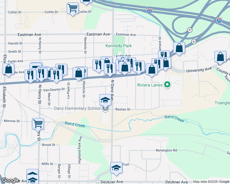 map of restaurants, bars, coffee shops, grocery stores, and more near 564 North Danz Avenue in Green Bay