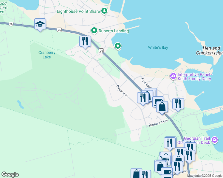 map of restaurants, bars, coffee shops, grocery stores, and more near 549 Oxbow Crescent in Collingwood