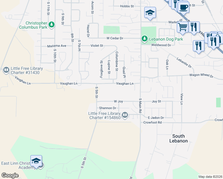 map of restaurants, bars, coffee shops, grocery stores, and more near 311 Vaughan Lane in Lebanon