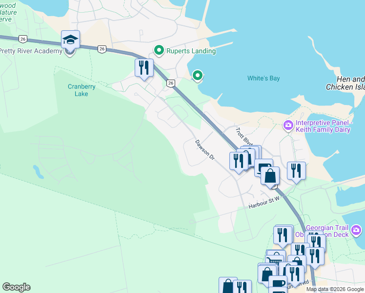 map of restaurants, bars, coffee shops, grocery stores, and more near 564 Oxbow Crescent in Collingwood