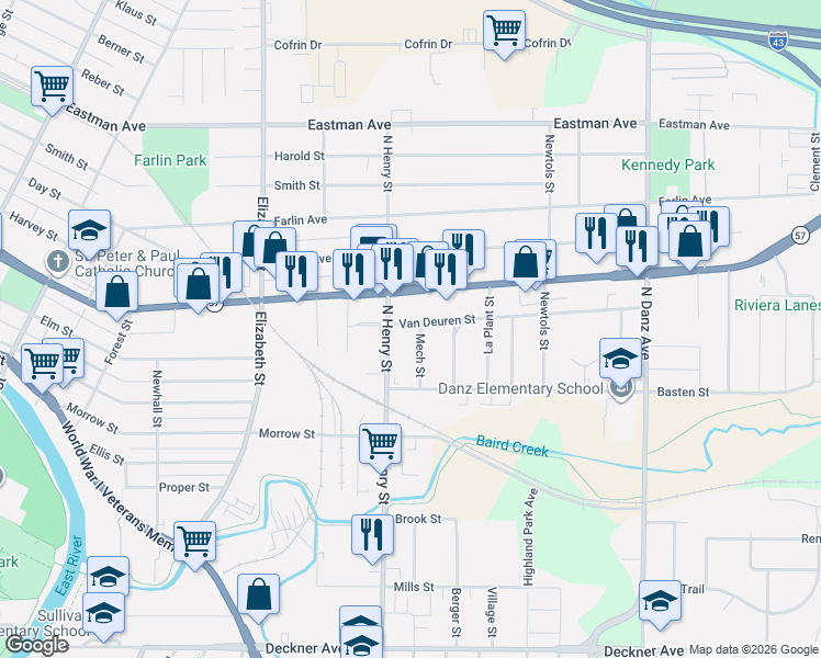 map of restaurants, bars, coffee shops, grocery stores, and more near 548 Mech Street in Green Bay