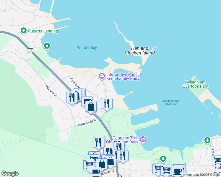 map of restaurants, bars, coffee shops, grocery stores, and more near 15 Cranberry Quay in Collingwood