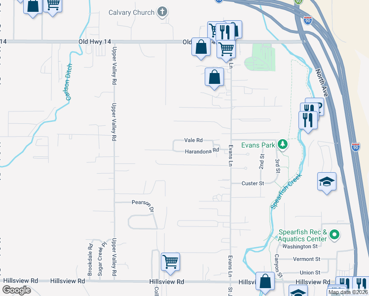 map of restaurants, bars, coffee shops, grocery stores, and more near 101-315 Harandona Road in Spearfish