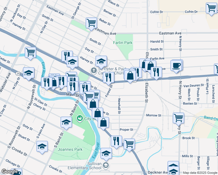 map of restaurants, bars, coffee shops, grocery stores, and more near 1465 Elm Street in Green Bay