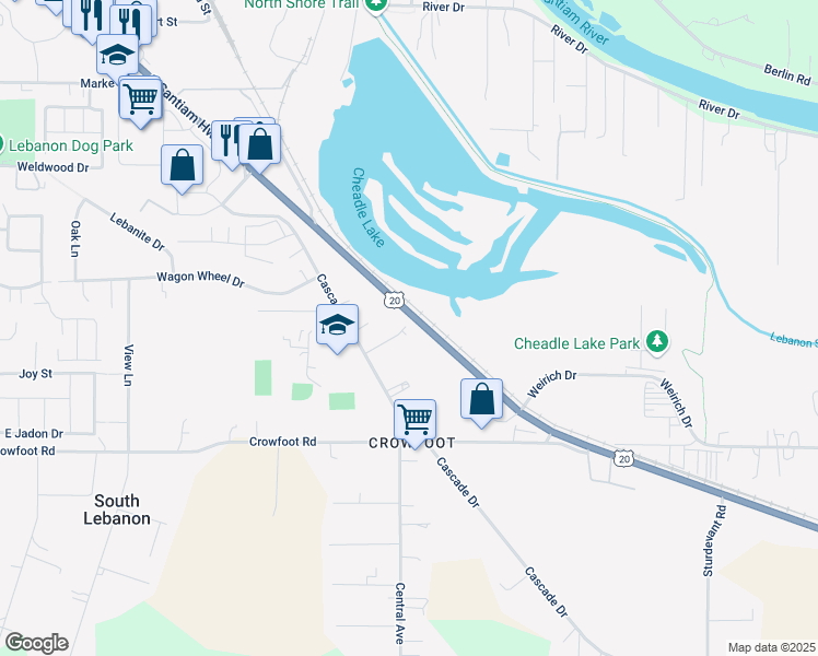 map of restaurants, bars, coffee shops, grocery stores, and more near 3800 South Santiam Highway in Lebanon