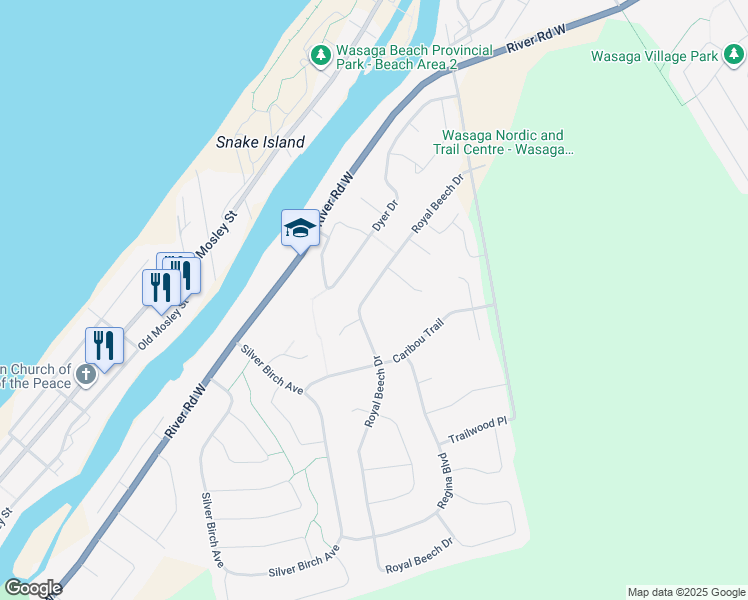 map of restaurants, bars, coffee shops, grocery stores, and more near 53 Royal Beech Drive in Wasaga Beach