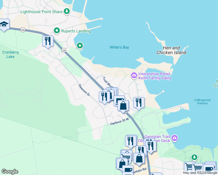 map of restaurants, bars, coffee shops, grocery stores, and more near 51 Trott Boulevard in Collingwood