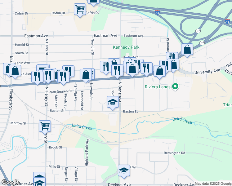 map of restaurants, bars, coffee shops, grocery stores, and more near 545 Spinnaker Lane in Green Bay