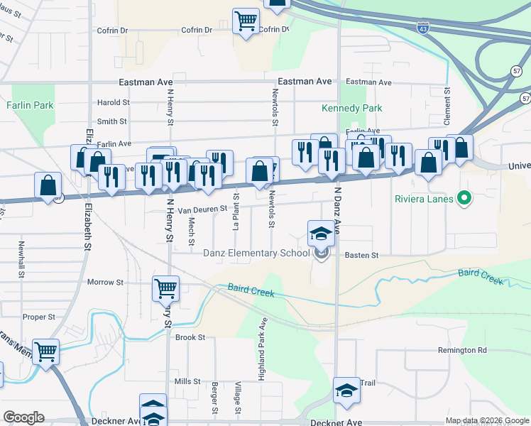 map of restaurants, bars, coffee shops, grocery stores, and more near 543 Newtols Street in Green Bay