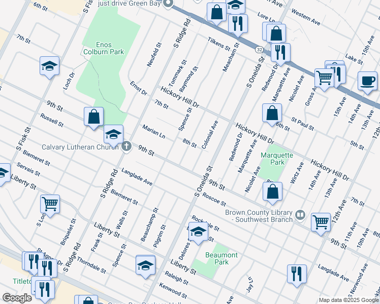 map of restaurants, bars, coffee shops, grocery stores, and more near 1225 Meacham Street in Green Bay