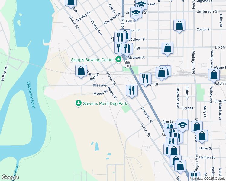 map of restaurants, bars, coffee shops, grocery stores, and more near 2540 Water Street in Stevens Point