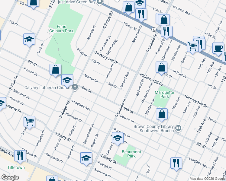 map of restaurants, bars, coffee shops, grocery stores, and more near 1225 Meacham Street in Green Bay