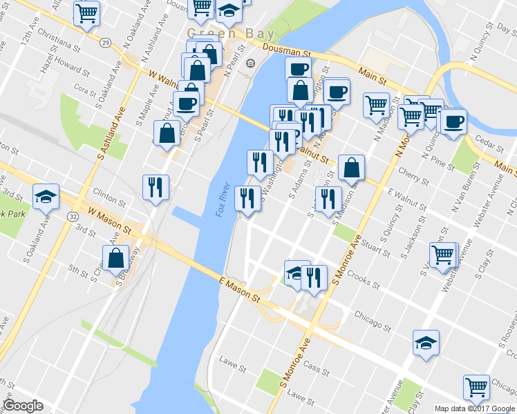 map of restaurants, bars, coffee shops, grocery stores, and more near 319 South Washington Street in Green Bay