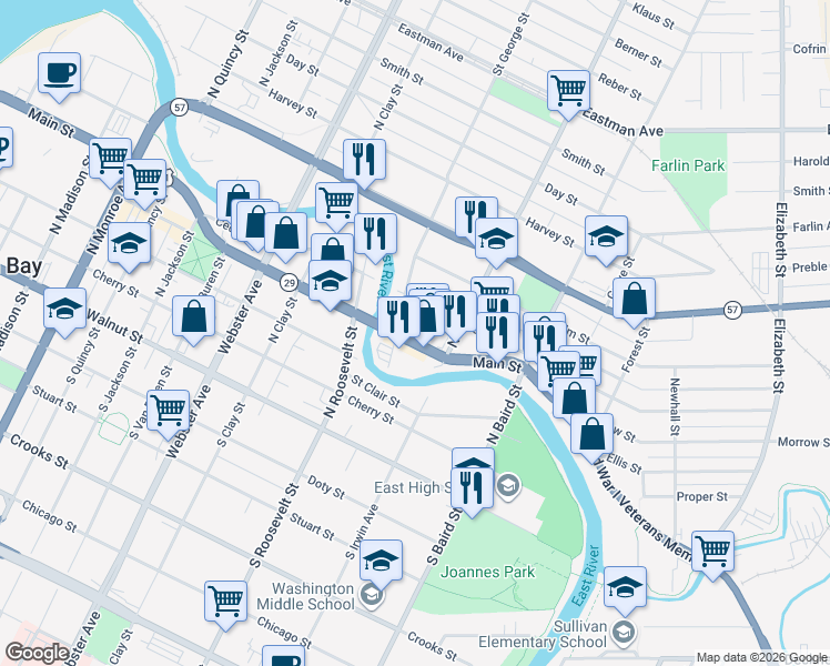 map of restaurants, bars, coffee shops, grocery stores, and more near 1258 Main Street in Green Bay