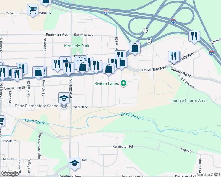 map of restaurants, bars, coffee shops, grocery stores, and more near 555 Clement Street in Green Bay