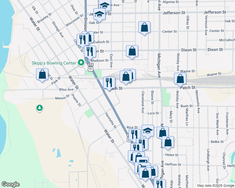 map of restaurants, bars, coffee shops, grocery stores, and more near 2725 Church Street in Stevens Point