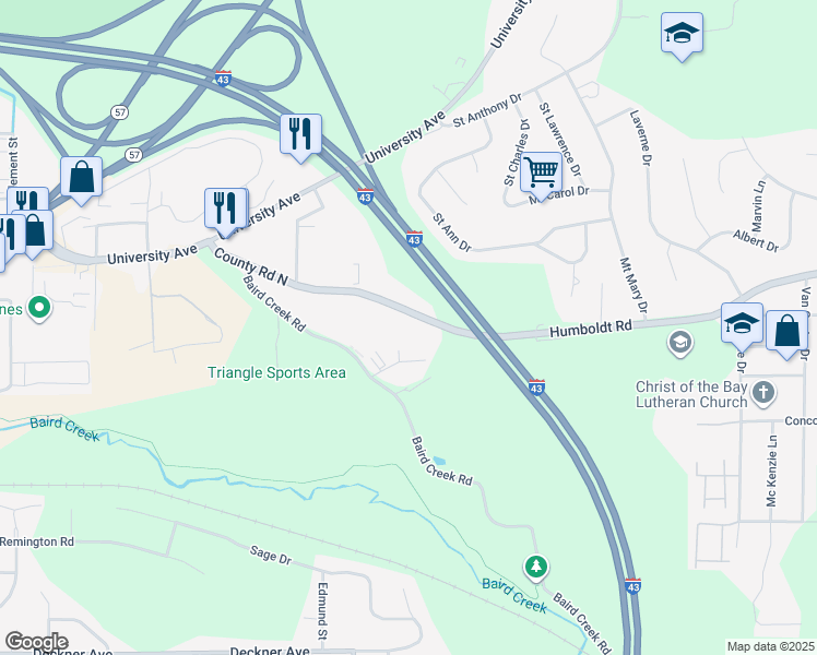 map of restaurants, bars, coffee shops, grocery stores, and more near 516 Baird Creek Road in Green Bay