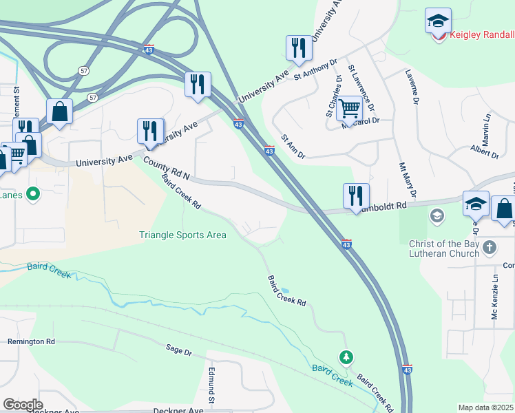 map of restaurants, bars, coffee shops, grocery stores, and more near 526 Baird Creek Road in Green Bay