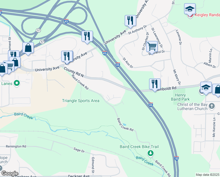 map of restaurants, bars, coffee shops, grocery stores, and more near 526 Baird Creek Road in Green Bay