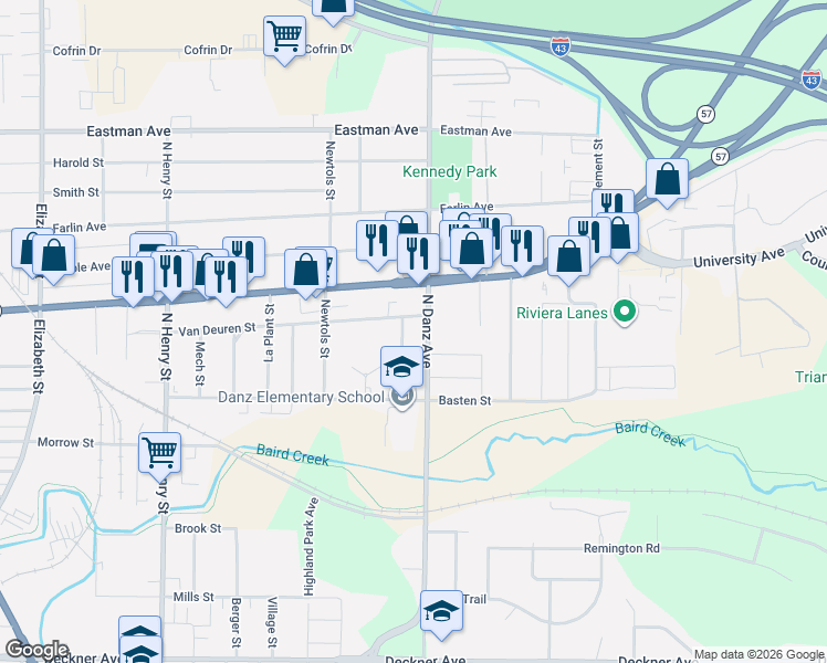 map of restaurants, bars, coffee shops, grocery stores, and more near 545 Spinnaker Lane in Green Bay