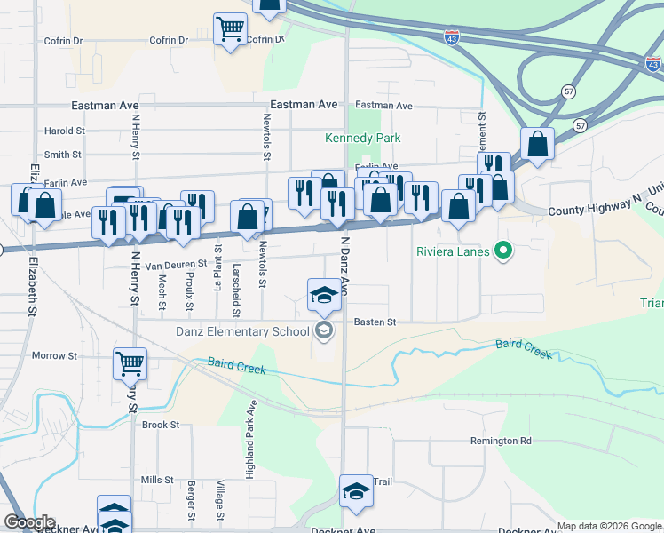 map of restaurants, bars, coffee shops, grocery stores, and more near 545 Spinnaker Lane in Green Bay