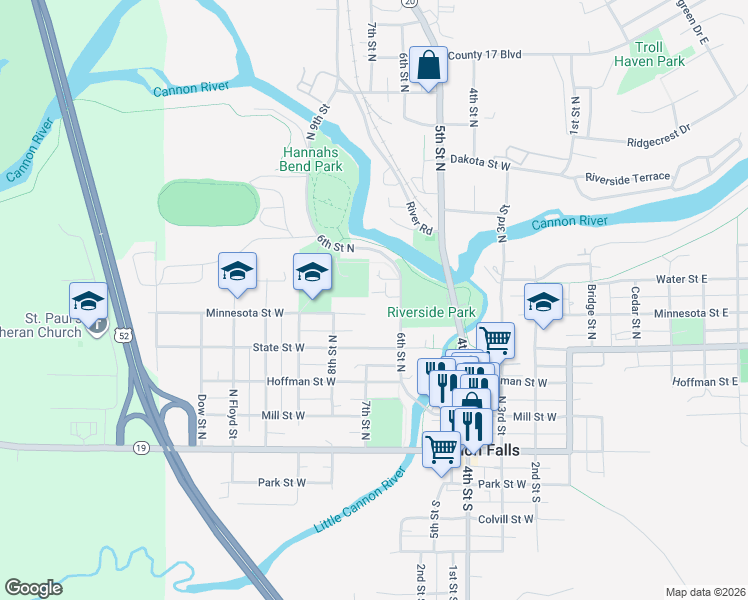 map of restaurants, bars, coffee shops, grocery stores, and more near 621 Minnesota Street West in Cannon Falls